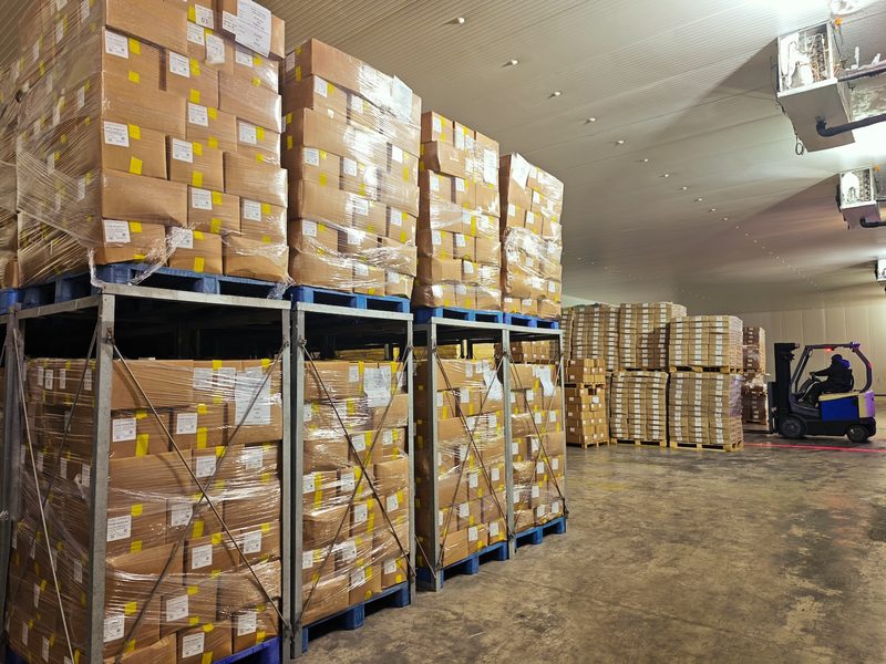 Pasillo de una cámara con racks de pallets con cajas y una grúa horquilla al fondo.
